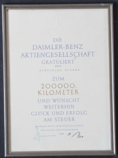 Mercedes-Benz 200.000 Kilometer Urkunde 1954 gerahmt (2670)